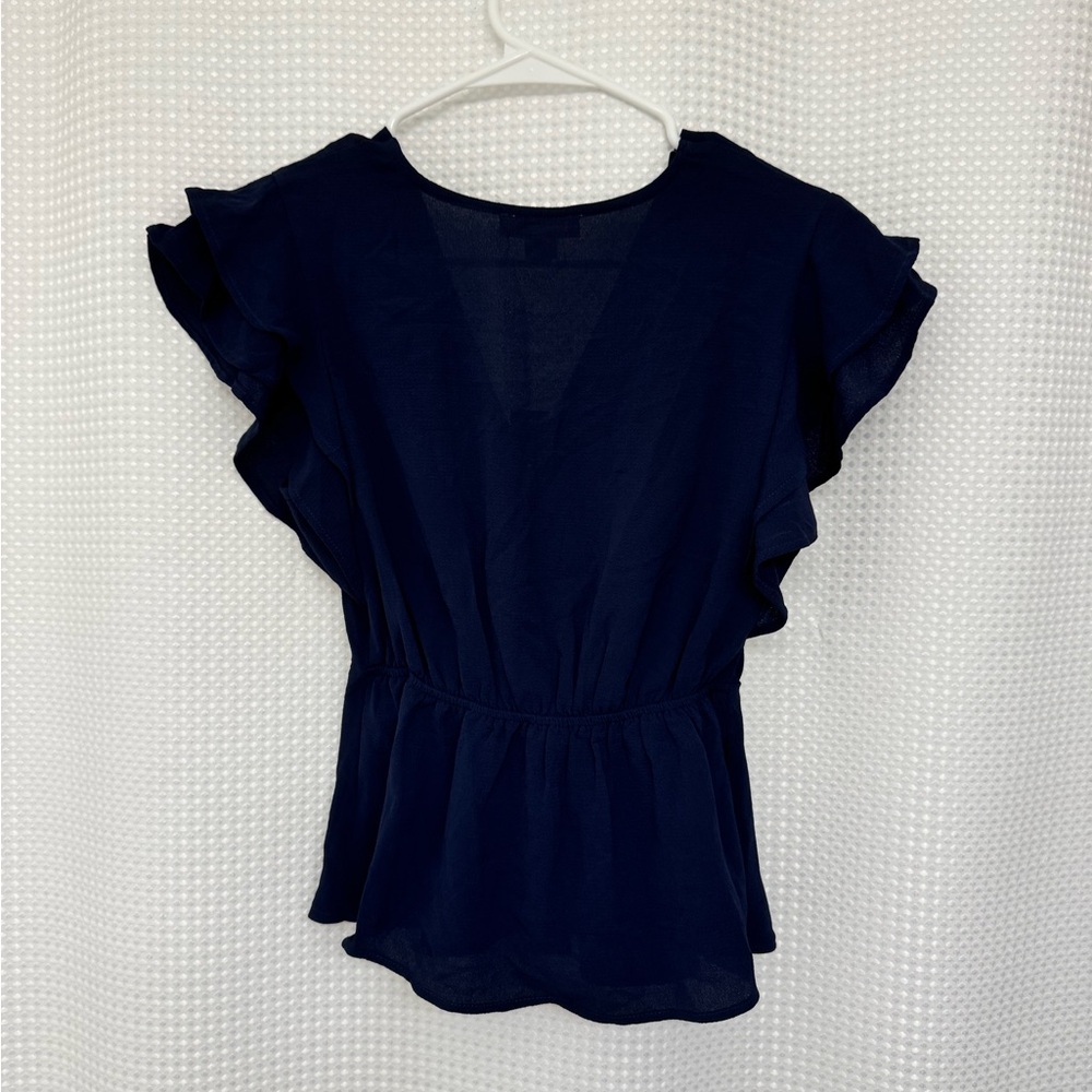 Navy Blue Wrap Ruffle Blouse - Picture 2 of 2